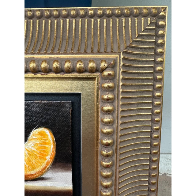 21st Century Orange Slice Oil on Board Gilt Wood Framed Painting Yellow Black Gold Handmade Signed Still Life Fruit For Sale In Los Angeles - Image 6 of 13