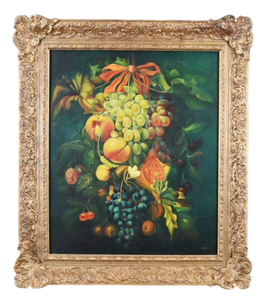 Safan, Dutch Floral Still Life with Grapes, 1890s-1910s, Oil Painting, Framed