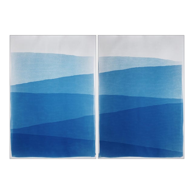 2025, Minimal Landscape of Blue Mountain Ridge, Handmade Monotype Cyanotype on Watercolor Paper by Kind of Cyan - Set of 2 For Sale