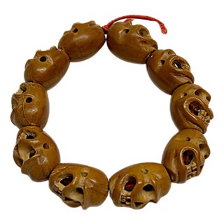 Chinese Brown Wood Beads Carved Into Skull Masks Look Chain For Sale
