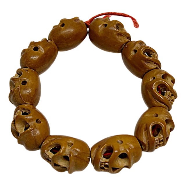 Chinese Brown Wood Beads Carved Into Skull Masks Look Chain For Sale