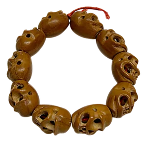 Chinese Brown Wood Beads Carved Into Skull Masks Look Chain