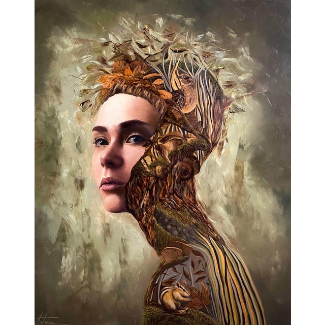 This oil painting presents a striking fusion of human and nature, where the figure's profile seamlessly merges with...