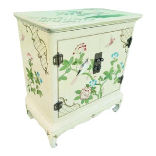 Rare Vintage Chinoiserie Pale Yellow Bird Floral Hand Painted Wood Clothes Hamper For Sale