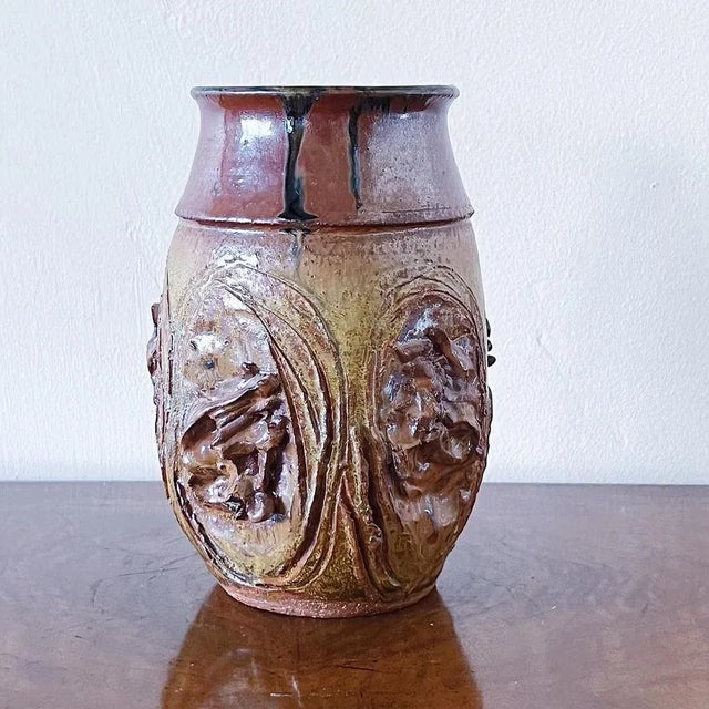 Mid-Century Hand Thrown Ceramic Pottery Vase in Brutalist Relief Design in Brown and Ochre Glaze, Signed For Sale - Image 4 of 6