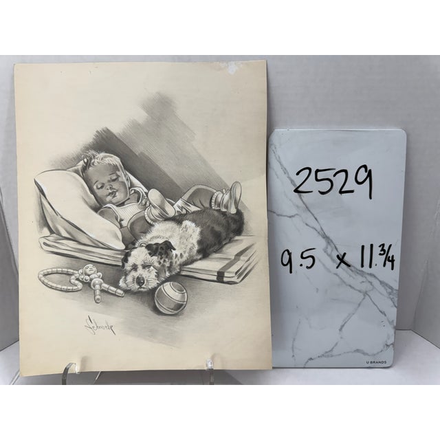 1940s Original t.e. Schrock Signed Graphite Illustration of Sleeping Child With Puppy and Toys, 11.75 × 9.5 In. For Sale In Atlanta - Image 6 of 6