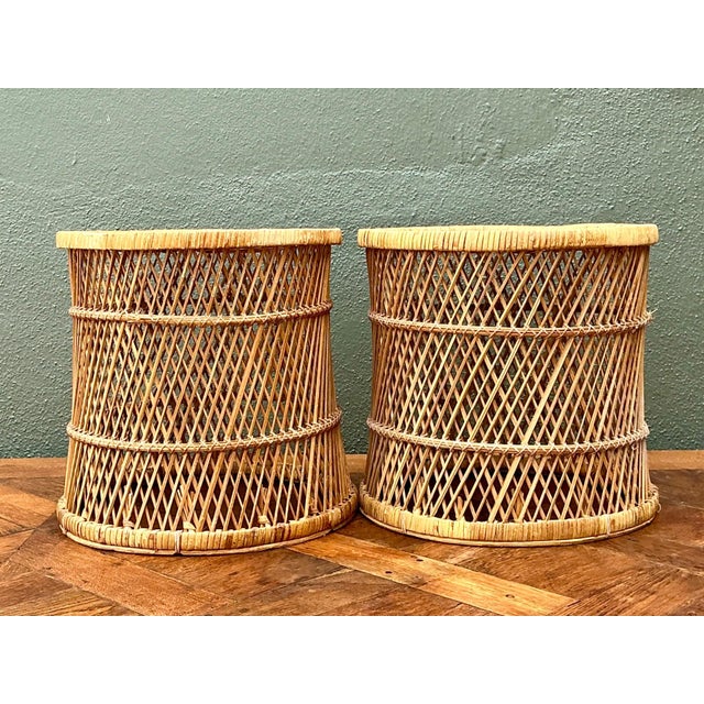 Vintage Woven Rattan Accent Tables - Set of 2 For Sale - Image 4 of 14
