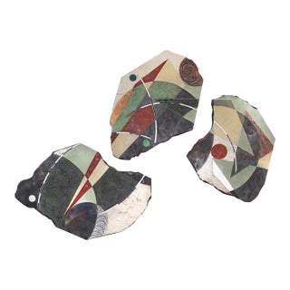 "Just South of the Moon" by Michael Gustavson, Raku Ceramic Triptych Wall Sculpture, Soft Green Cream and Earth Tones, Contemporary California Art For Sale