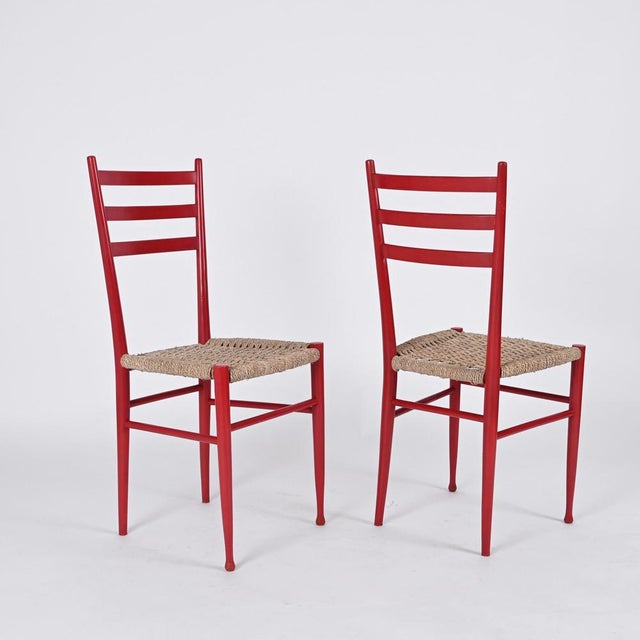 Gold Chiavarine Chairs in Red Stained Beech and Bamboo Rope, Italy, 1950s, Set of 4 For Sale - Image 8 of 18