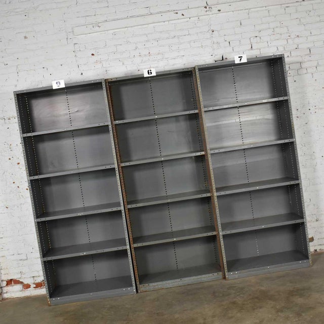 Trio of Industrial Steel Bookcase Shelving Painted Gray Green Great Patina Vintage Chairish