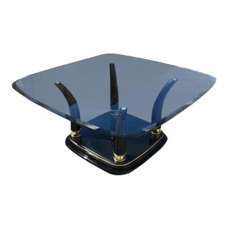 Mid 20th Century Postmodern Faux Elephant Tusk Glass Top Coffee Table in Black Lacquer Manner of Henredon For Sale