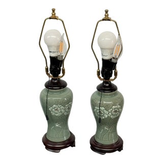 Mid 20th Century Chinese Jade Glazed Porcelain Table Lamps, Pair For Sale