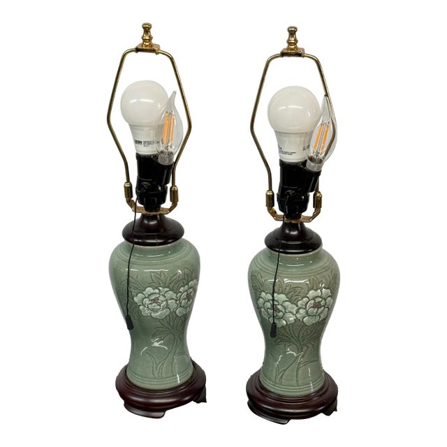 Mid 20th Century Chinese Jade Glazed Porcelain Table Lamps, Pair For Sale