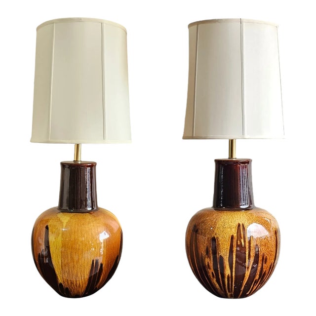 Pair of Large Vintage 1960s Drip Glaze Ceramic Lamps For Sale