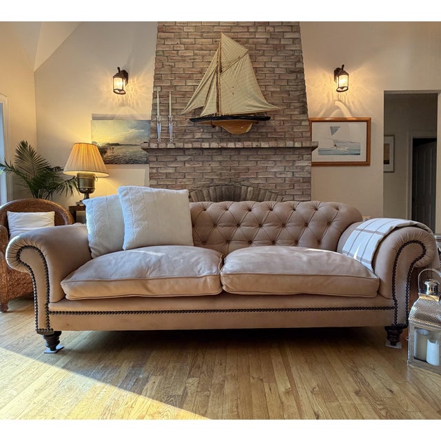 George Smith Chesterfield Sofa in Camel Toned Nubuck Leather Handcrafted in England by George Smith, this 89-inch...
