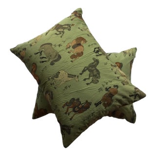 Vintage Green Embroidered Horses Pillow For Sale