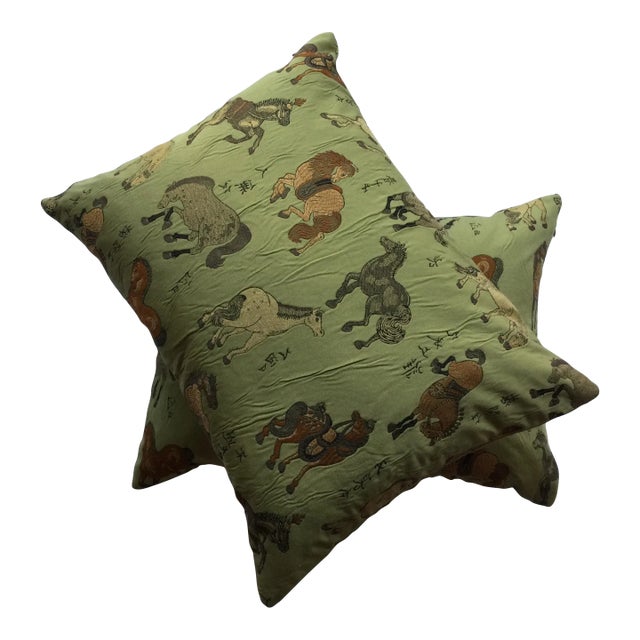 Vintage Green Embroidered Horses Pillow For Sale
