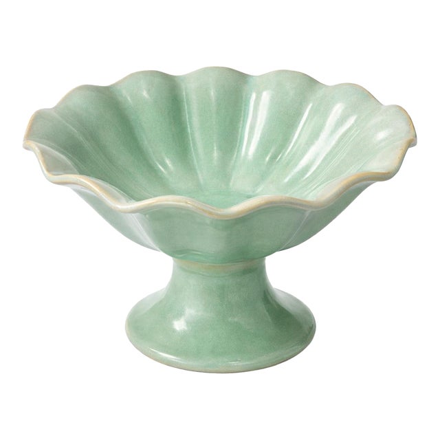 Vintage Mid-Century Celadon Scalloped Pedestal Compote Bowl — Console Centerpiece For Sale