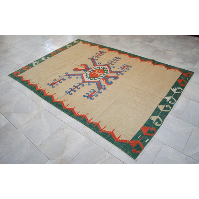 Tan Vintage 6x9 Turkish Rug Kilim Handmade Geometric Tribal Design for Modern Farmhouse Decor For Sale - Image 8 of 15