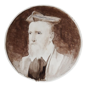 Small 18th Century Sepia Tone Continental Portrait Study Watercolor Painting