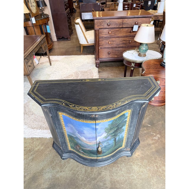 Vintage Italian Hand Painted Curved Front Cabinet in Distressed Black For Sale - Image 4 of 10