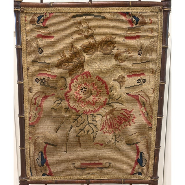 English Antique 19th Century Napoleon III Faux Bamboo Fireplace Screen With Floral Needlework Panel For Sale - Image 3 of 18