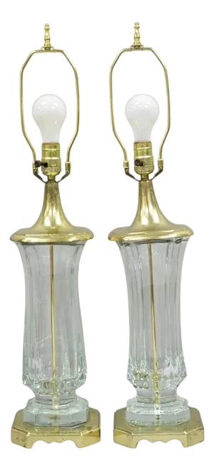 Vintage Cofrac Art Verrier Style French Leaded Crystal Glass & Brass Table Lamps, Pair
