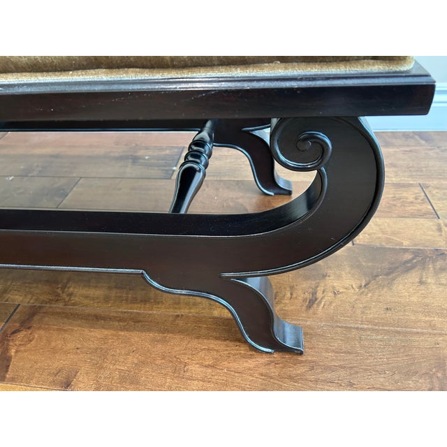 Transitional Drexel Heritage Custom Upholstered Dark Wood Bench For Sale - Image 3 of 12