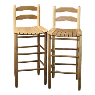 Pair of Vintage Blonde Pine Stools With Wood Slat Seats For Sale