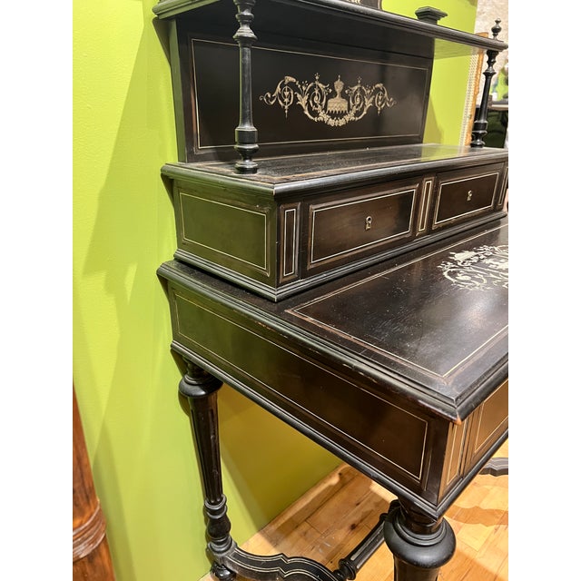 Brass 19th Century, Italian Louis XIV Style Ebonized Desk W/ Brass & Important Inlay For Sale - Image 8 of 11
