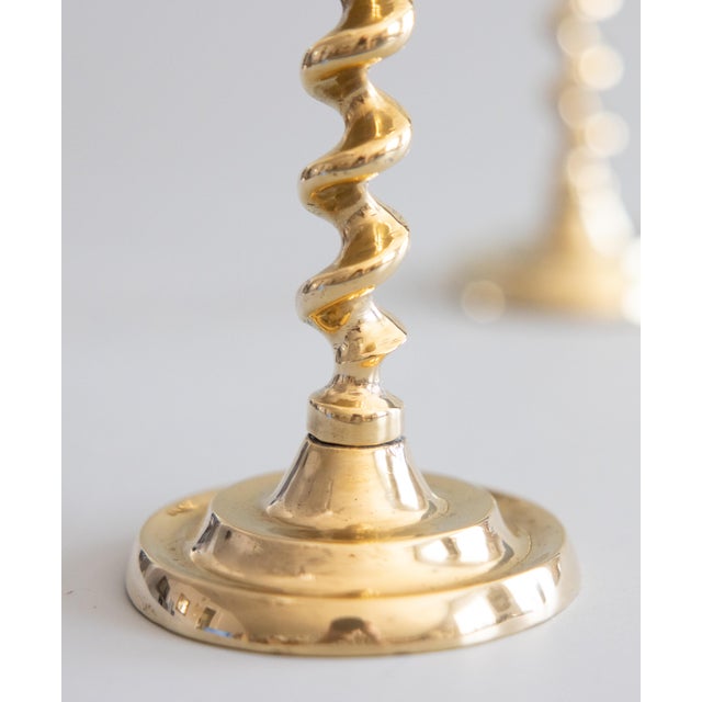 Antique English Brass Barley Twist Candlesticks - A Pair For Sale - Image 4 of 8