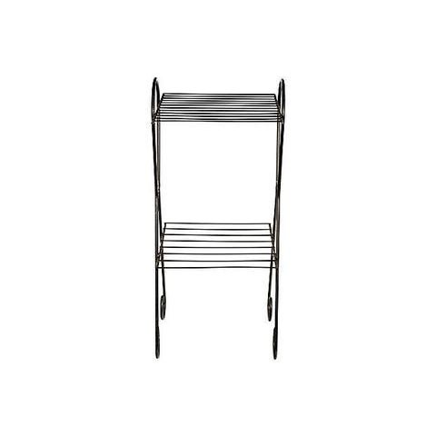 Black metal two tier shelf or side table with atomic accent. 1960s. Made in the USA. Newly refinished and painted.