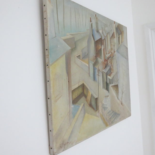 Wonderful oil on canvas of St Ives, dated 30.3.56 Cubist style, wonderful colours showing the town of St Ives Signed E...