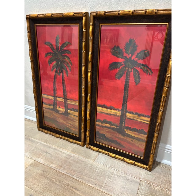 Contemporary Vintage Pair of Large Tropical Palm Tree Prints in Faux Bamboo Gold Frames For Sale - Image 3 of 16