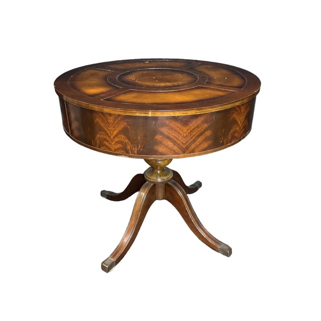 Antique Duncan Phyfe Style Mahogany Drum Center Table With Gold-Tooled Leather Top, Early 20th Century For Sale In Miami - Image 6 of 14