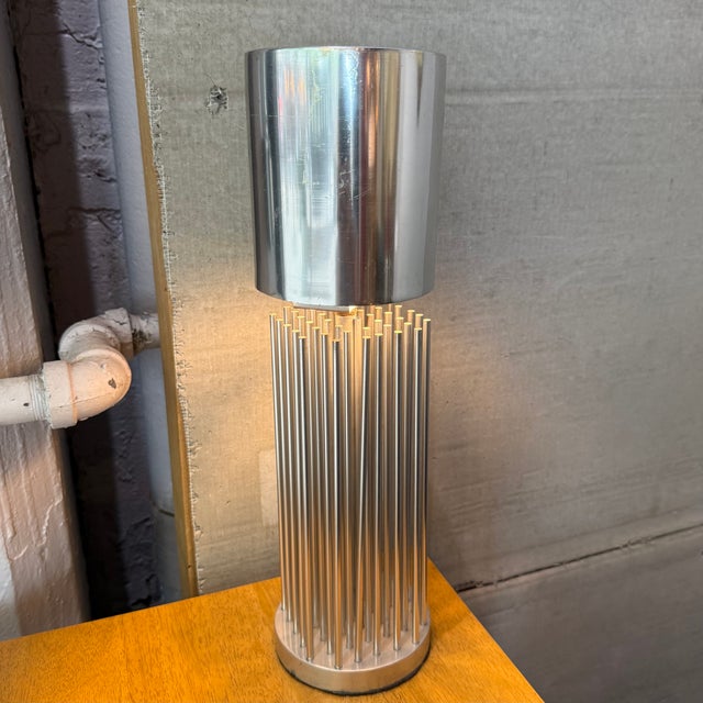 Chrome Mid 20th Century Small Modernist Aluminum Cylinder Reed Table Lamp For Sale - Image 8 of 8