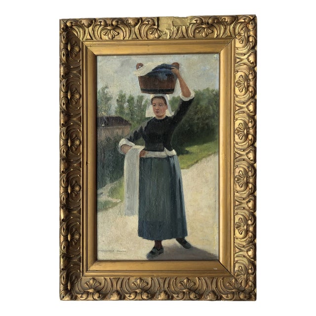 Marguerita Pillini, Lavandière bretonne, Oil on Wood, Framed For Sale