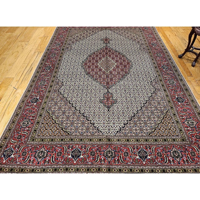 Ivory Antique Persian Tabriz Mahi Rug, Hand-Knotted Wool & Silk, Herati Geometric Pattern, Ivory & Red, 7x10 For Sale - Image 8 of 17