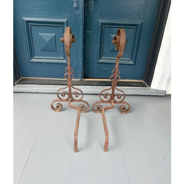 American Antique Wrought Iron Andirons | Hand-Forged Scrollwork Fireplace Dogs | 26.5” Tall Primitive Hearth Set For Sale - Image 3 of 8