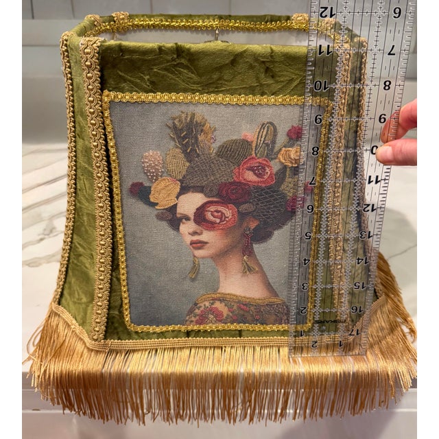 Hollywood Regency Custom Olive Velvet Lampshade With Portrait Panel and Gold Fringe For Sale - Image 3 of 8