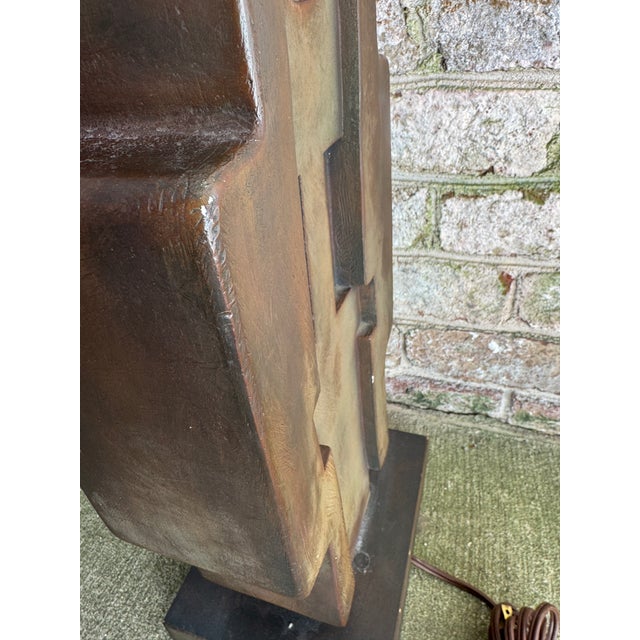 Wood Vintage Brown Geometric Wood Table Lamp For Sale - Image 7 of 9