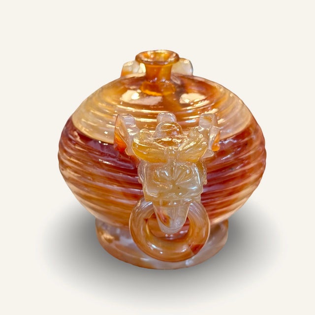 Chinese 19th Century Carved Asian Carnelian (Agate) Vessel With Dragon Handles and Rings For Sale - Image 3 of 8