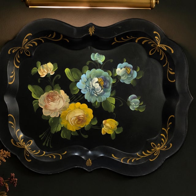 Large 1950s Hand Painted Toleware Tray Black Metal Floral Serving Tole Fine Arts Studio For Sale - Image 4 of 14