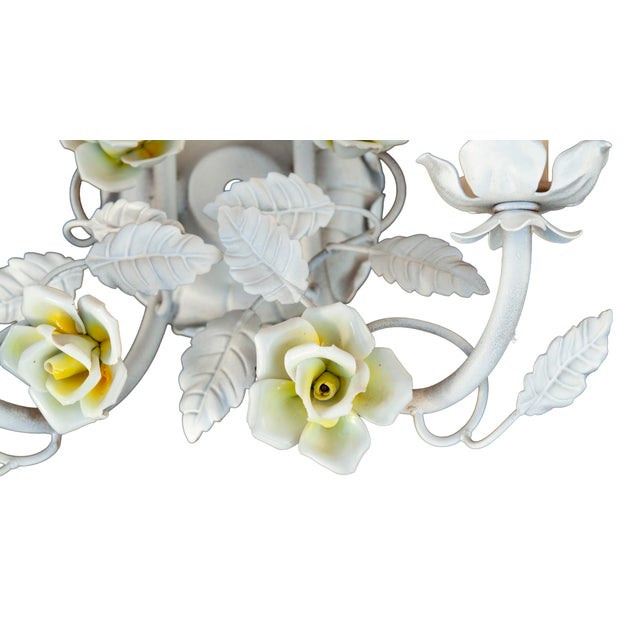 Mid 20th Century Electrified Wall Sconces With Ceramic Flowers & Metal Leaves; A Pair For Sale In Los Angeles - Image 6 of 11