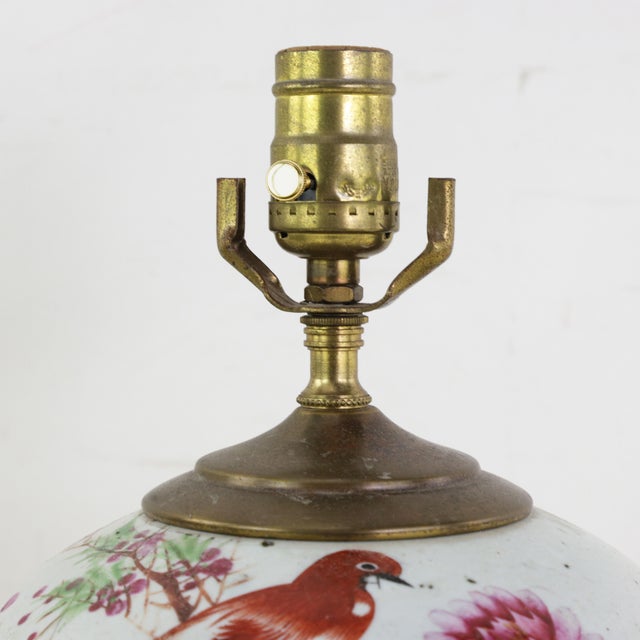 Famille Rose Antique Porcelain Vase Table Lamp With Bird and Peony Motif on Wood Base For Sale In New York - Image 6 of 13