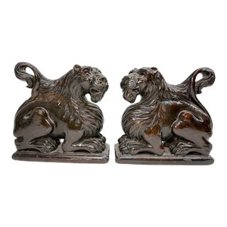 Pair of Antique 1800's Carved Wood Architectural Salvage Lion Sculpture Statue For Sale