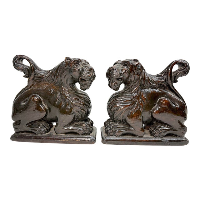 Pair of Antique 1800's Carved Wood Architectural Salvage Lion Sculpture Statue For Sale