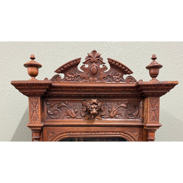 Antique French Renaissance Revival Scholars Bookcase Cabinet Carved Oak 19th C For Sale - Image 9 of 15