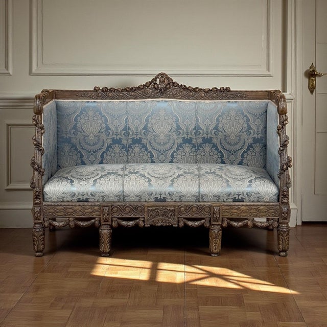 19th Century French Louis XVI Canapé ~ Settee is an exceptionally fine and rare example hand carved in oak with a depth...