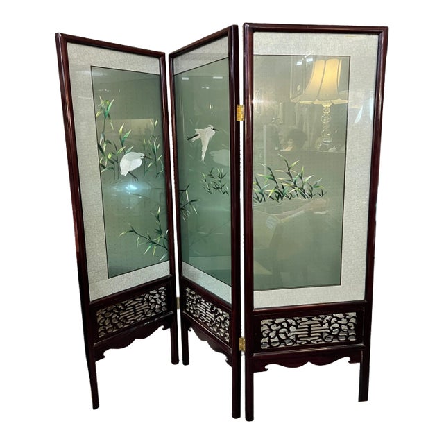 Contemporary Chinese 3 Panel Hand Painted Glass and Wood Screen, Room ...